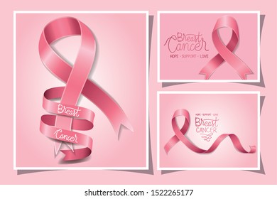 Breast cancer design set with pink ribbons over colorful glowing pink background, vector illustration