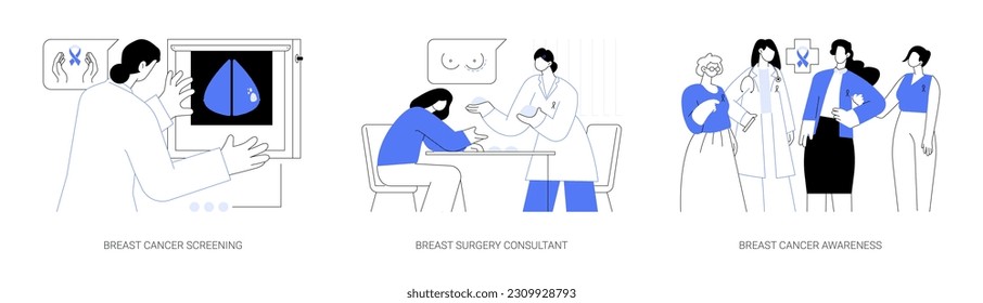 Breast cancer diagnosis abstract concept vector illustration set. Breast cancer screening, mastectomy surgery, breast cancer awareness, x-ray mammogram, medical examination abstract metaphor.