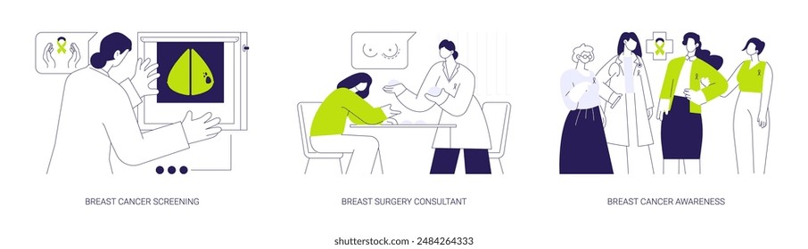 Breast cancer diagnosis abstract concept vector illustration set. Breast cancer screening, mastectomy surgery, breast cancer awareness, x-ray mammogram, medical examination abstract metaphor.