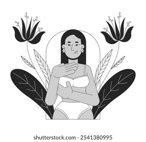 Diagnóstico do câncer de mama conceito de ilustração 2D em preto e branco. Detecção antecipada. Morena mulher do oriente médio em sutiã examinando-se personagem de contorno isolado. Arte vetorial monocromática de metáforas