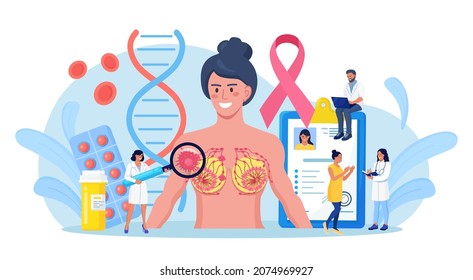 Breast cancer. Doctor Mammologist consult woman patient. Breast ultrasound and mammography, diagnostic of oncology. Examination in the clinic, medical diagnosis. Vector illustration