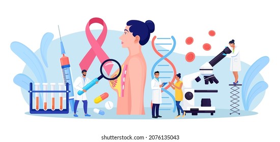 Breast cancer. Doctor Mammologist consult woman patient. Breast ultrasound and mammography, diagnostic of oncology. Examination in the clinic, medical diagnosis. Vector illustration