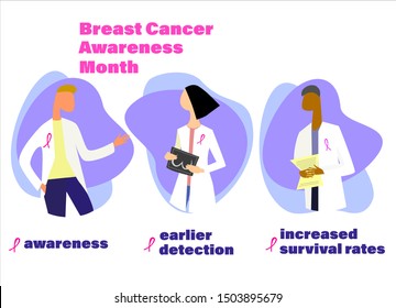Breast cancer early detection concept. Breast Cancer Awareness Month. Hand drawn doctors with recommendations. Isolated design elemens