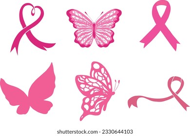 Breast Cancer Element, pink ribbon, butterflies, illustration, vector