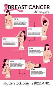 Breast cancer flat infographics template demonstrated six steps of self examination vector illustration