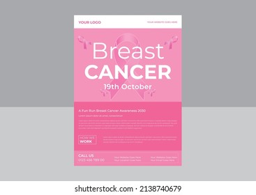 Breast cancer flyer design template, Breast cancer awareness flyer template, Breast cancer October awareness month pink ribbon banner flyer.