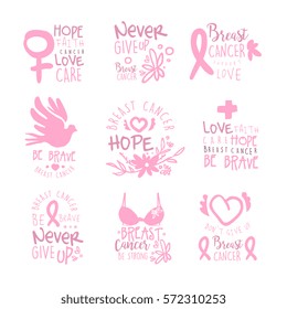 Breast Cancer Fund Collection Of Colorful Promo Sign Design Templates In Pink Color With International Cancer Sickness Symbols And Motivating Slogans