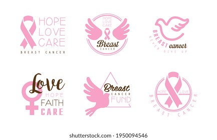 Breast Cancer Fund Logo Templates Design Set, Awareness Month Emblems, Hope, Love, Care Motivational Phrase Cartoon Vector Illustration