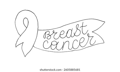Breast Cancer handwritten line black words isolated on white background. Hand drawn lettering with ribbon. Text banner poster card