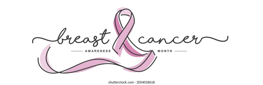 Breast cancer handwritten typography awareness month creative pink ribbon symbol line design vector illustration banner