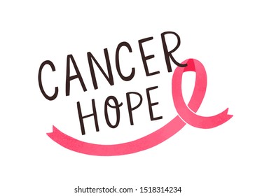 Breast cancer hope handwritten lettering. Women oncological disease awareness campaign slogan. Typography and pink ribbon composition. Inspirational, motivational phrase on white background.