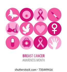 Breast cancer illustration of pink icons with  symbol ribbon.