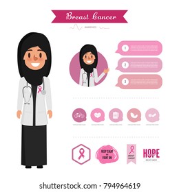 Breast Cancer Infographic With Arab Doctor. Vector Illustration.