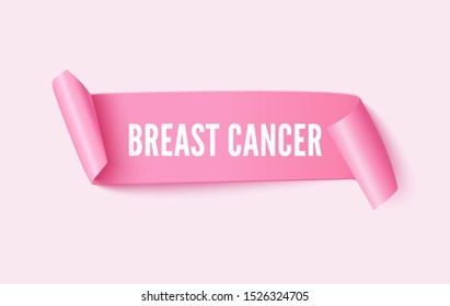 Breast cancer inscription on pink ribbon 3d vector illustration. Realistic awareness pink ribbon with scroll edges. Female hope and oncological disease solidarity 3d symbol isolated design element