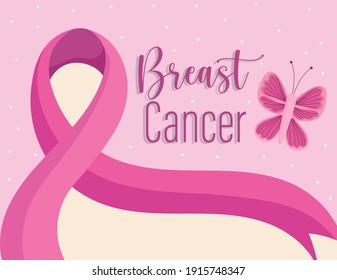 Breast cancer invitation card pink ribbon and butterfly vector illustration