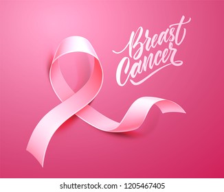 Breast cancer lettering awareness poster template with realistic pink ribbon on pink background. Women health care support symbol. female hope satin emblem. Vector illustration