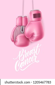 Breast cancer lettering awareness poster with realistic pink boxing gloves near calligraphy script. Women health care support symbol. female hopeand fight concept. Vector illustration on pink