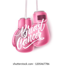 Breast cancer lettering awareness poster with realistic pink boxing gloves near calligraphy script. Women health care support symbol. female hopeand fight concept. Vector illustration