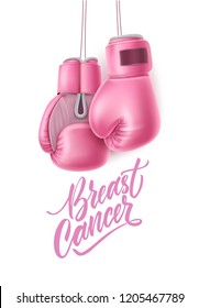 Breast cancer lettering awareness poster with realistic pink boxing gloves near calligraphy script. Women health care support symbol. female hopeand fight concept. Vector illustration