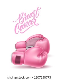 Breast cancer lettering awareness poster with realistic pink boxing gloves near calligraphy script. Women health care support symbol. female hope and fight concept. Vector illustration