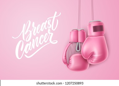 Breast cancer lettering awareness poster with realistic pink boxing gloves near calligraphy script. Women health care support symbol. female hope and fight concept. Vector illustration on pink