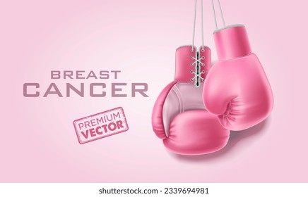 Breast cancer lettering awareness poster with pink boxing gloves. Woman health support symbol. female hope and struggle concept. Vector illustration on pink