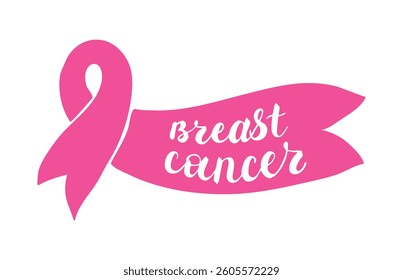 Breast Cancer lettering with pink ribbon. Design for awareness month in october for banner poster card. Handwritten words isolated on white background. Hand drawn Calligraphy phrase