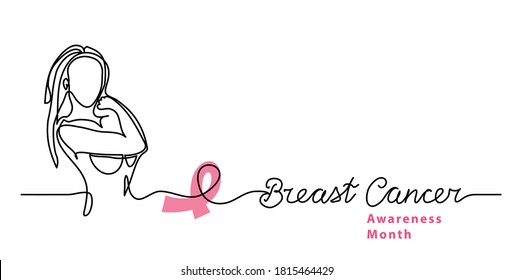 Breast Cancer Line Art Background With Woman And Pink Ribbon. Simple Vector Web Banner. One Continuous Line Drawing With Text Breast Cancer.