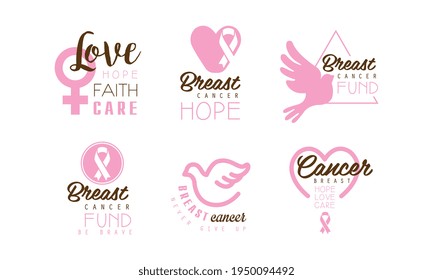 Breast Cancer Logo Templates Design, Hope, Faith, Care Pink Emblems Cartoon Vector Illustration