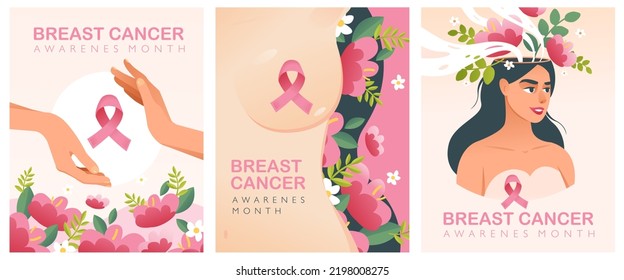 Breast cancer Month with a pink ribbon. International Breast Cancer Day. Vector postcards in cartoon style