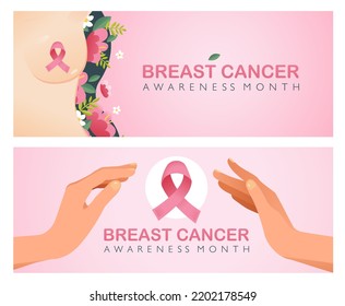 Breast cancer Month with a pink ribbon. International Breast Cancer Day. Vector banner in cartoon style
