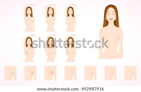 Breast cancer monthly examination icon,recommend self exam instruction.Chest oncology tumor symptoms.Cute flat cartoon style for medical flyers, brochures.Woman check breast cancer.Hand drawn vector