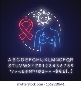 Breast cancer neon light concept icon. Oncological disease idea. Women healthcare. Pink ribbon, awareness month, tissue. Glowing sign with alphabet, numbers and symbols. Vector isolated illustration
