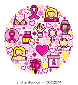 Breast Cancer objects set, Pink Ribbon awareness month vector illustration in round composition in modern line art style, beautiful print on t-shirt