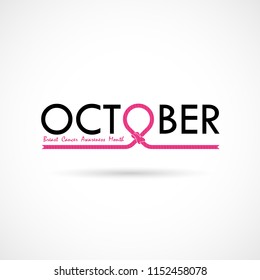 Breast Cancer October Awareness Month Typographical Campaign Background.Women health vector design.Breast cancer awareness logo design.Breast cancer awareness month icon.Realistic pink ribbon.Vector