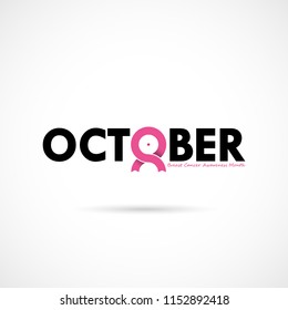 Breast Cancer October Awareness Month Typographical Campaign Background.Women health vector design.Breast cancer awareness logo design.Breast cancer awareness month icon.Realistic pink ribbon.Vector