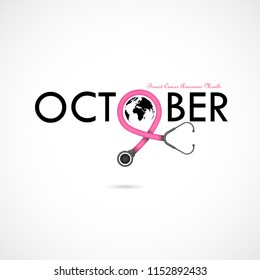 Breast Cancer October Awareness Month Typographical Campaign Background.Women health vector design.Breast cancer awareness logo design.Breast cancer awareness month icon.Realistic pink ribbon.Vector