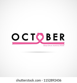 Breast Cancer October Awareness Month Typographical Campaign Background.Women health vector design.Breast cancer awareness logo design.Breast cancer awareness month icon.Realistic pink ribbon.Vector