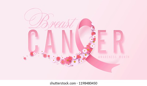 Breast cancer october awareness month pink ribbon and spring poster background,vector illustration