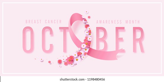 Breast cancer october awareness month pink ribbon and spring poster background,vector illustration