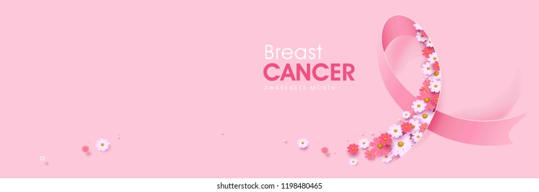 Breast cancer october awareness month pink ribbon and spring poster background,vector illustration