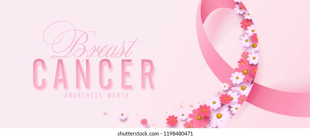 Breast cancer october awareness month pink ribbon and spring poster background,vector illustration