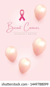 Breast Cancer October Awareness Month Campaign Background with  pink ribbon and balloons symbol - Vector