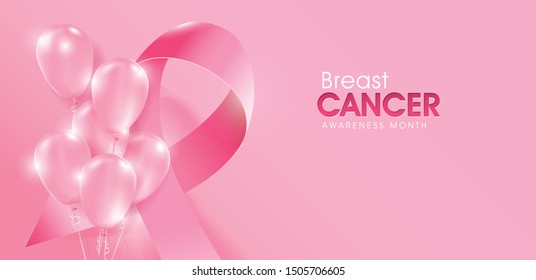 Breast Cancer October Awareness Month Pink Balloons Banner Background,vector Illustration