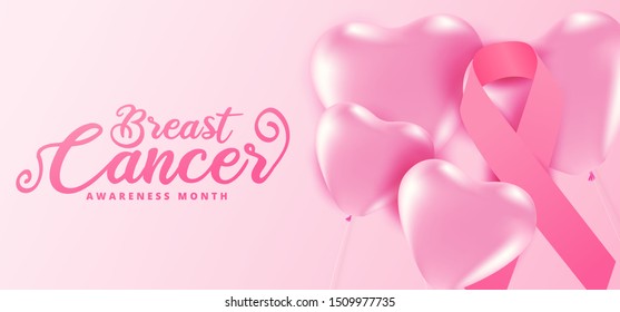 Breast cancer october awareness month heart pink balloons banner background,vector illustration