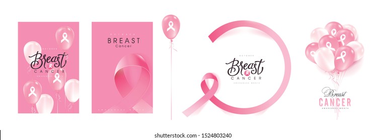 Breast cancer october awareness month pink ribbon banner background,Realistic balloons vector illustration