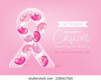 Breast cancer october awareness month pink balloons in the box. 3d Vector illustration background. 3d ribbon shape.