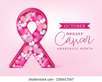 Breast cancer october awareness month pink balloons in the box. 3d Vector illustration background. 3d ribbon shape.