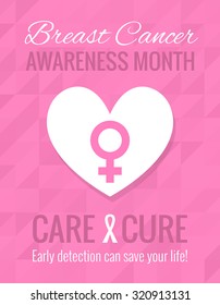 Breast Cancer October Awareness Month Campaign Poster with heart and feminine sign. Healthcare and medicine concept. Vector illustration