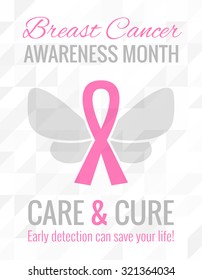 Breast Cancer October Awareness Month Campaign Poster with pink ribbon sign and butterfly wings. Healthcare and medicine concept. Vector illustration